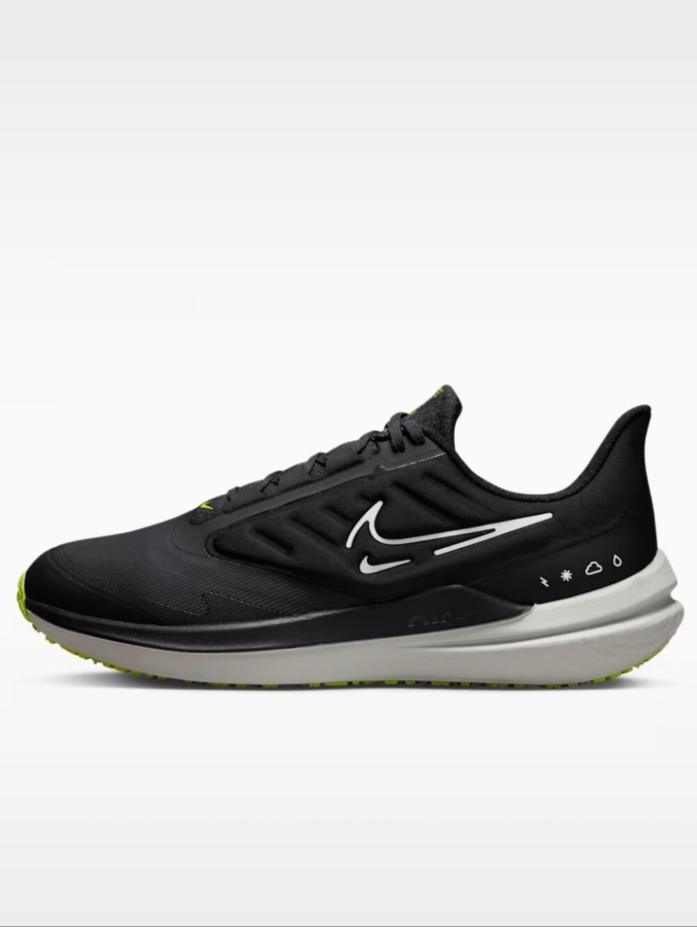 Nike Air Zoom Winflo 9 Shield in  Black, White, and Volt Size 7.5